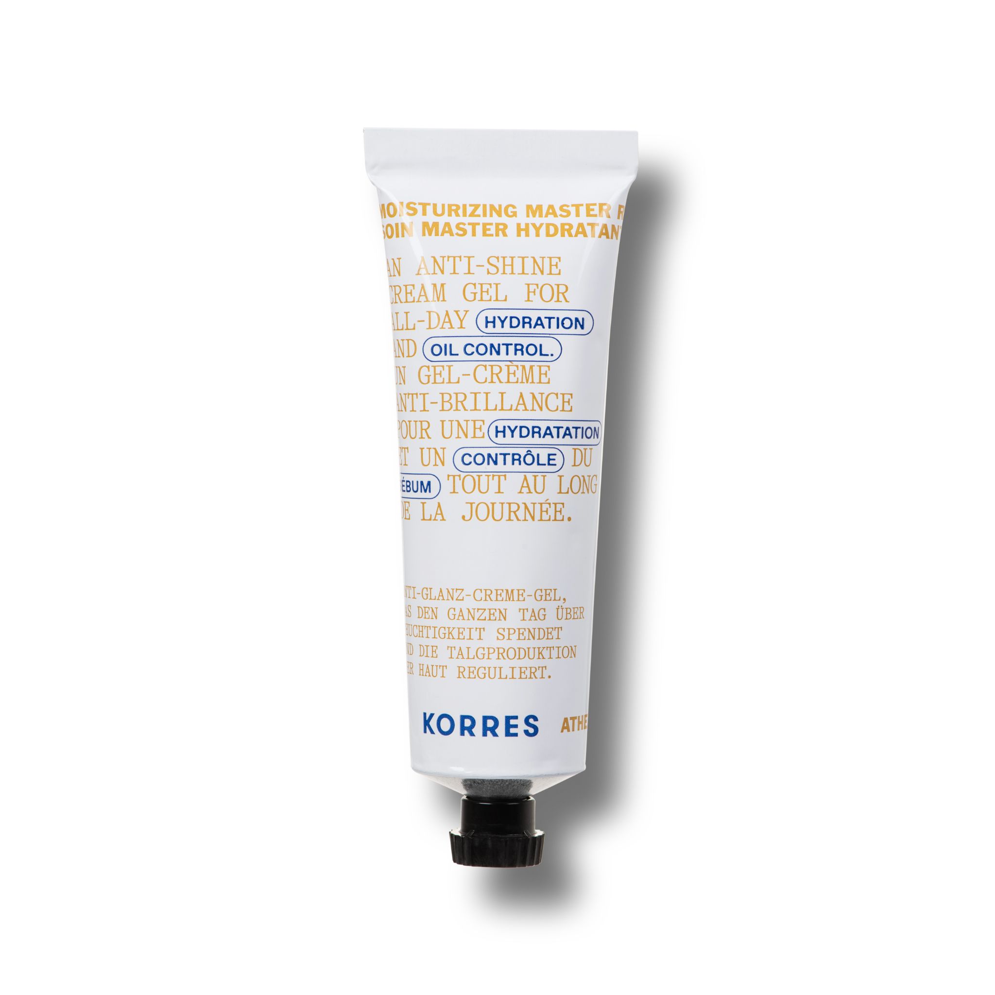Weiße Tube mit schwarzem Verschluss. Text: KORRES, Anti-Glanz-Creme-Gel, Hydratation, Öl Kontrolle.