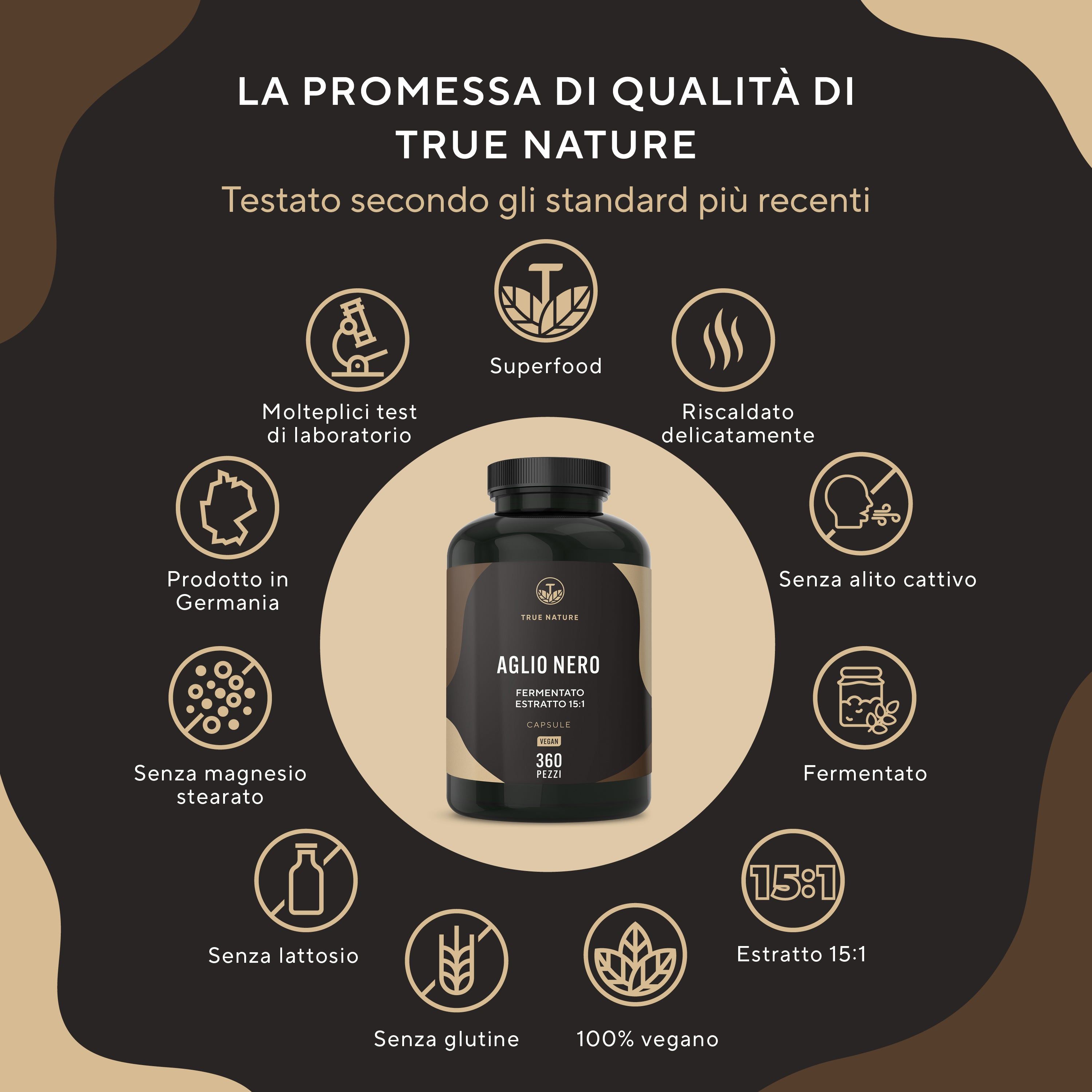 Flacone del prodotto accanto a un'infografica. Infografica: Superfood, senza lattosio, senza glutine, 100% vegano, estratto 15:1. Testo: La promessa di qualità di True Nature.