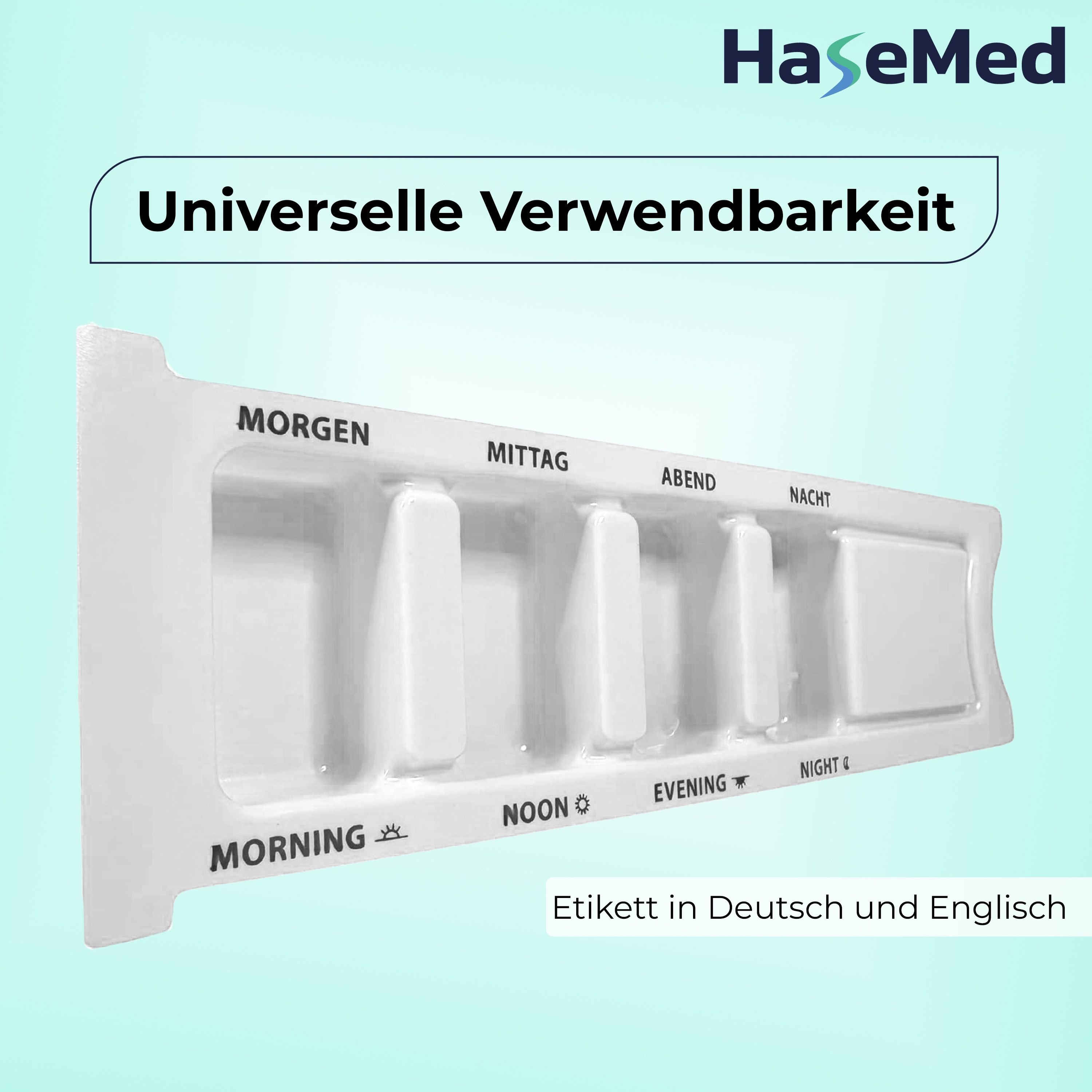 Weißer Medikamentendispenser mit 4 Fächern. Beschriftung: Morgen, Mittag, Abend, Nacht. Text: Etikett in Deutsch und Englisch.