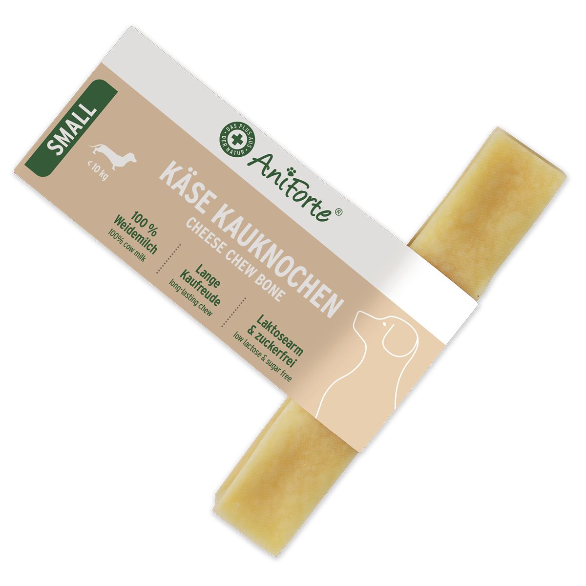 Käsekauknochen Small in Verpackung. Marke AniForte. Aufdruck: Käse Kauknochen, 100% Weidemilch, lange Kaufreude, laktose- & zuckerfrei.