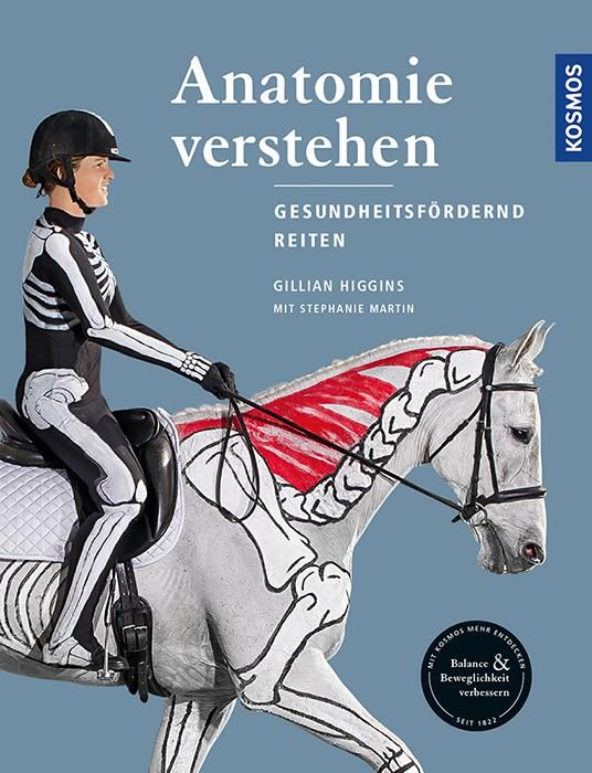 Buchcover: Anatomie verstehen. Reiterin mit Skelett-Kostüm auf Pferd mit anatomischer Darstellung. Titel, Autor, Verlag.