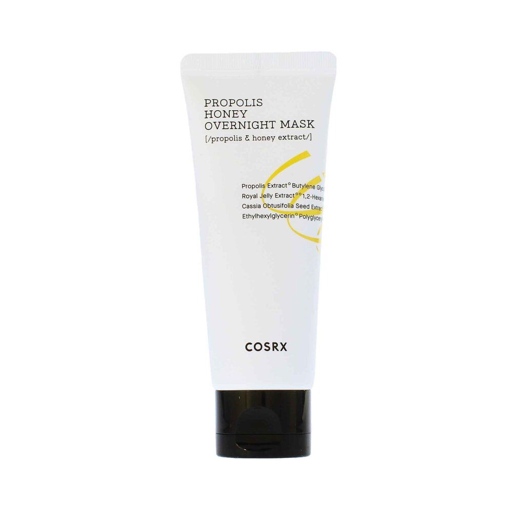 Weiße Tube mit schwarzem Deckel. Aufschrift: PROPOLIS HONEY OVERNIGHT MASK. Gelbe Akzente und Text.
