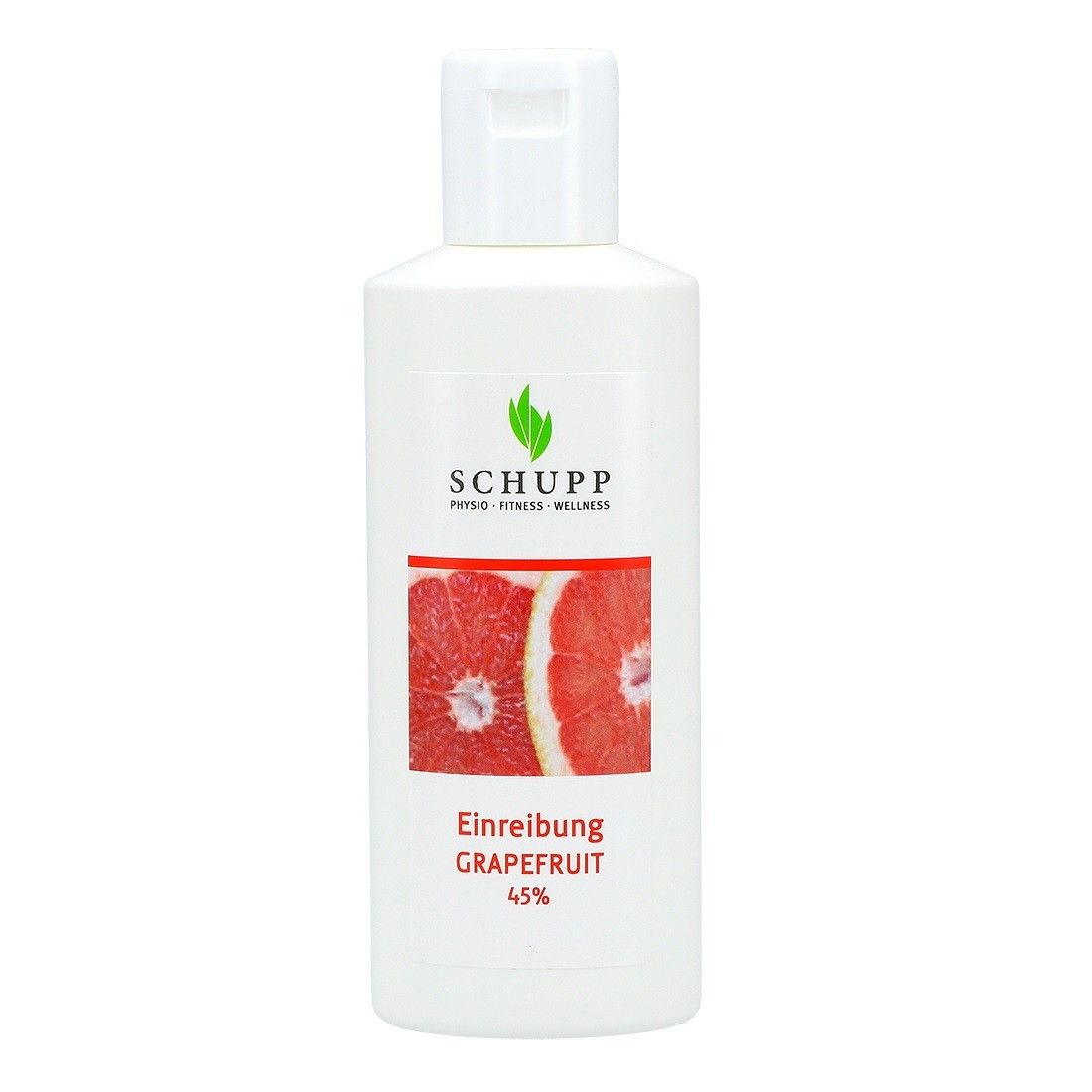 Weiße Flasche mit Klappverschluss. Aufkleber mit Produktname, Grapefruit-Abbildung und Logo.