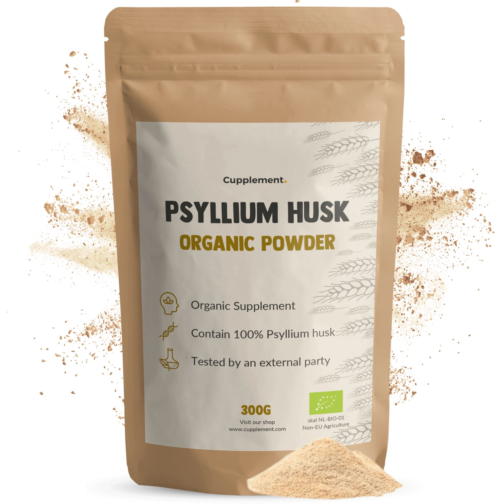 Beutel mit Psyllium Husk. Text: Psyllium Husk, Organic Powder, 300g, Bio-Siegel.