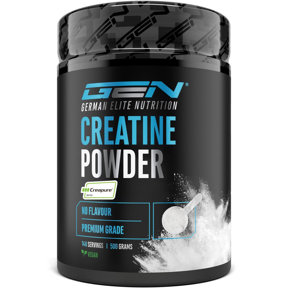 Dose GEN Creatine Powder. Enthält Creapure. 140 Portionen, 500 Gramm. No Flavour, Premium Grade. Vegan.
