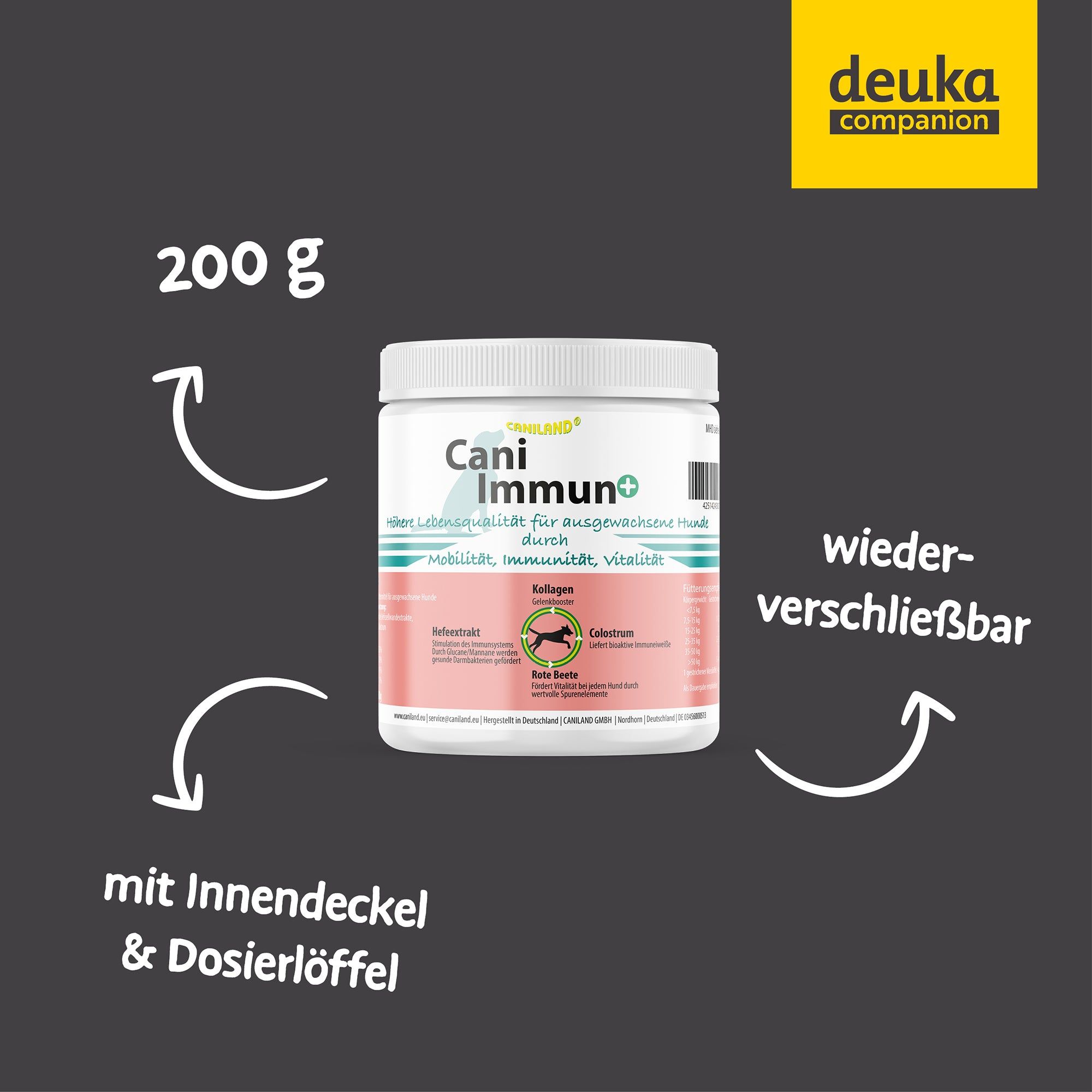 Cani Immun+ Dose mit Text und Pfeilen. 200g. Mit Innendeckel & Dosierlöffel. Wiederverschließbar.