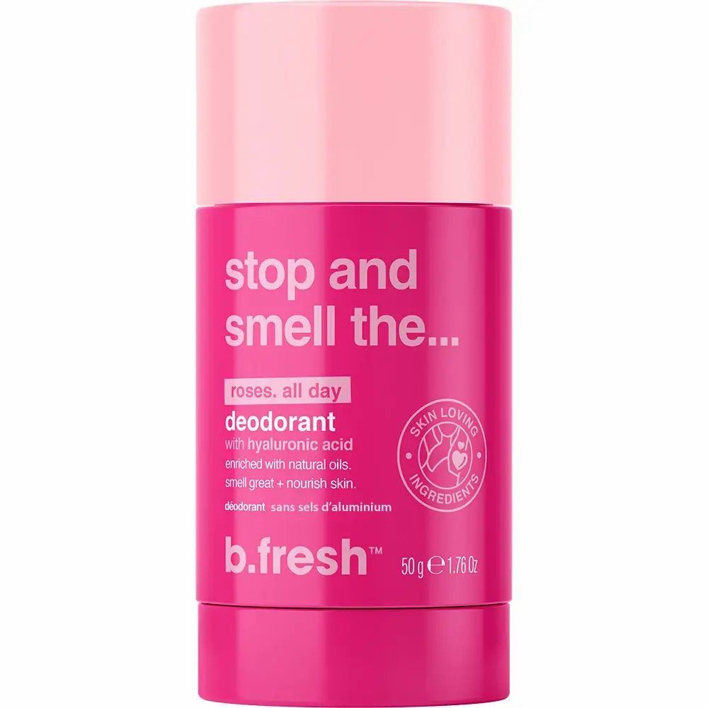Rosa Deodorant-Stick. Aufschrift: Stop and Smell the… Deodorant mit Hyaluronsäure. Marke: B.fresh. 50g.