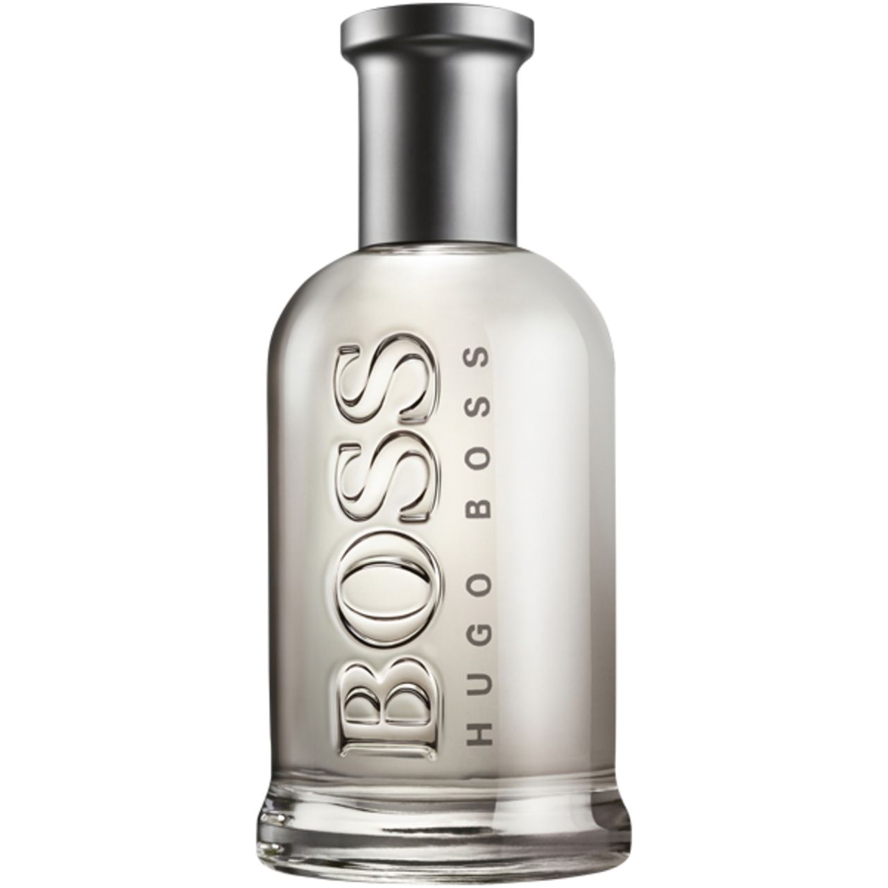 Klarer Glasflakon mit silbernem Verschluss. Geprägter Schriftzug BOSS HUGO BOSS. Flüssigkeit sichtbar.
