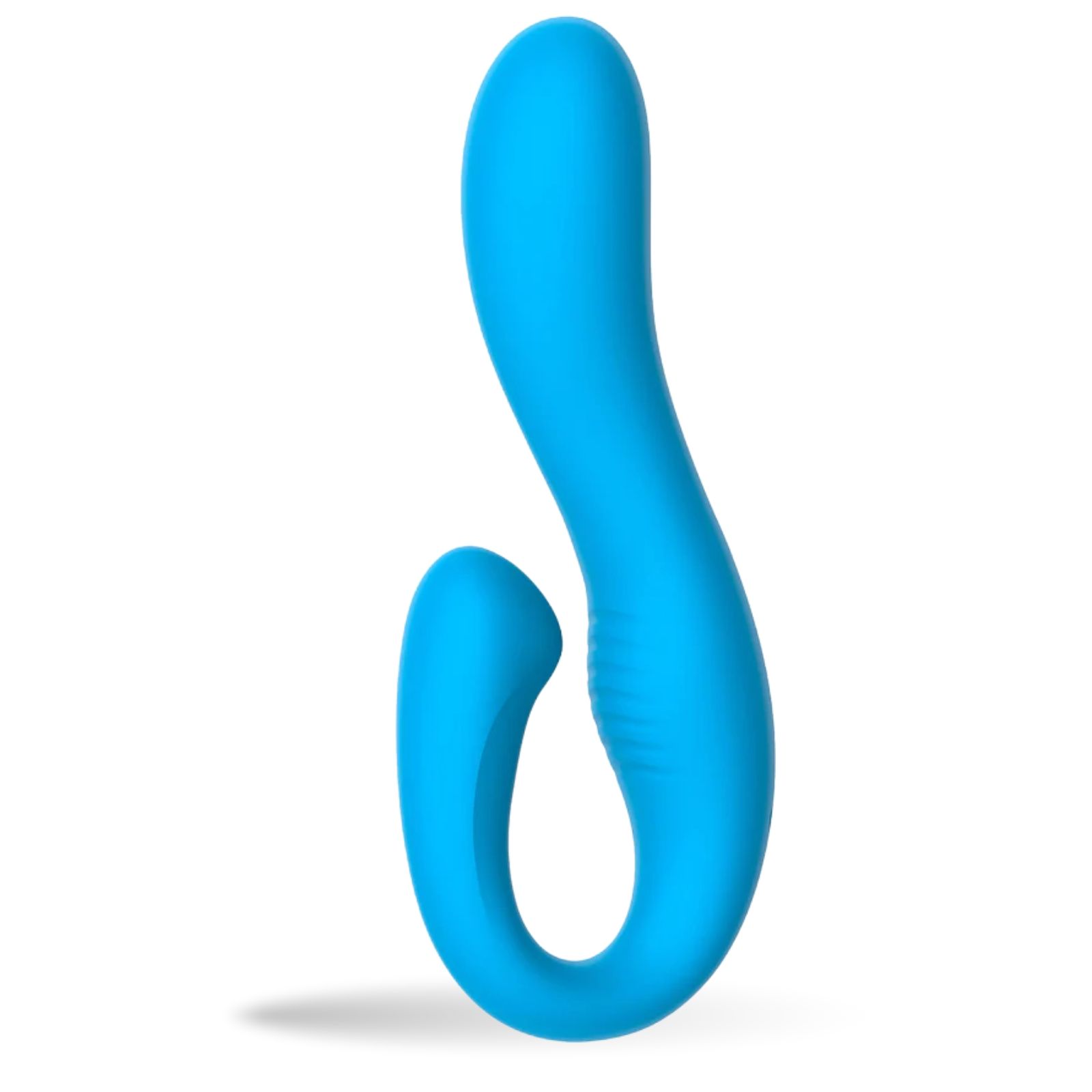 Vibromasseur bleu en silicone. Forme incurvée.