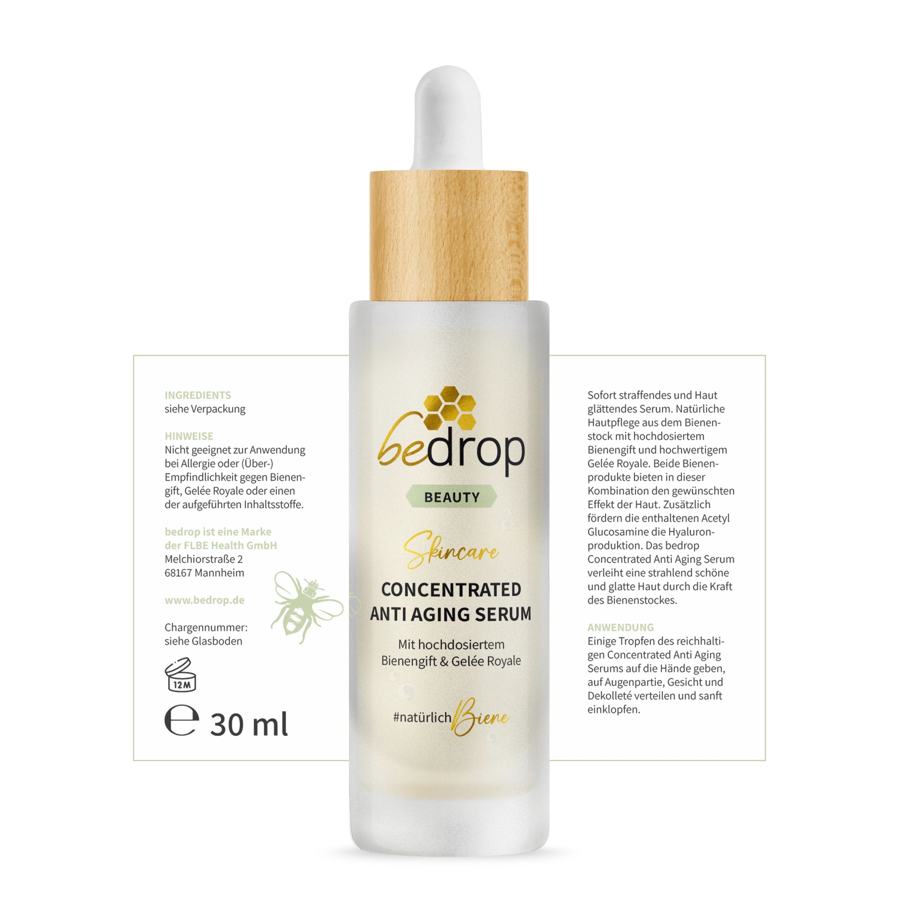 Serumflasche mit Holzverschluss. Aufschrift: bedrop, Skincare, Anti Aging Serum. Text auf der Flasche und auf der Verpackung.