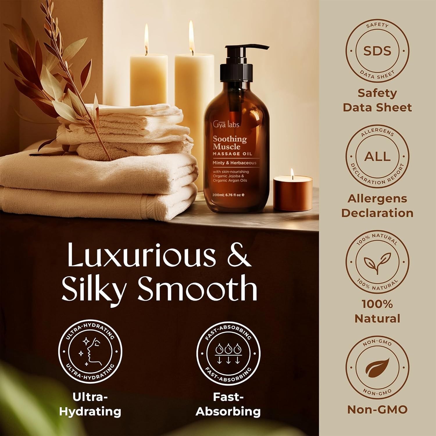 Massageölflasche mit Text: Luxurious & Silky Smooth. Eigenschaften: ultra-feuchtigkeitsspendend, schnell einziehend, 100% natürlich, nicht gentechnisch verändert.