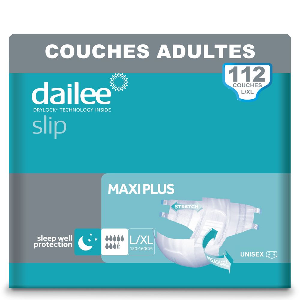 Dailee Slip Maxi Plus, couches adultes L/XL, 120-160cm. Paquet de 112. Emballage bleu et gris. Unisexe.