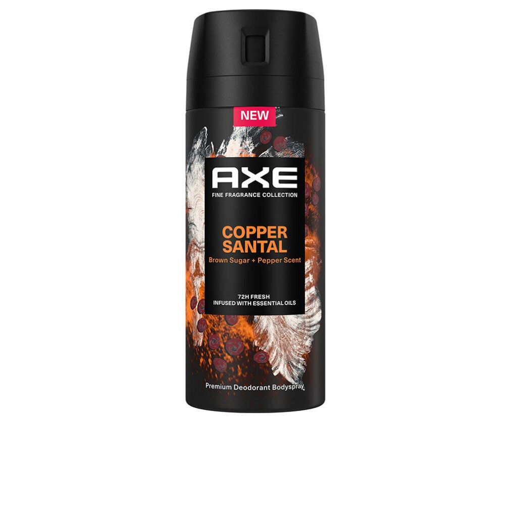 Schwarze Aerosoldose mit "AXE Copper Santal". "NEW"-Etikett. Text: "Brown Sugar + Pepper Scent".