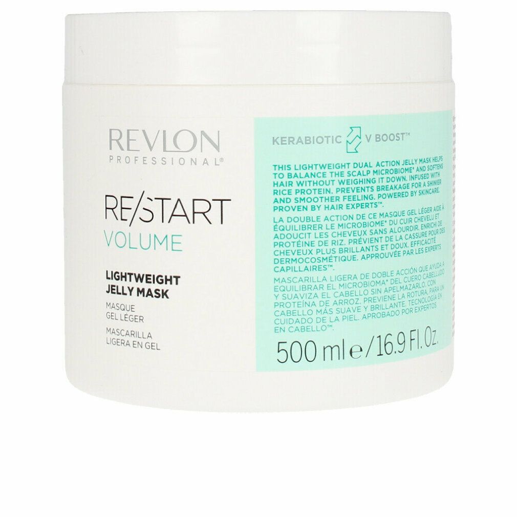 Weißer Tiegel mit Produktetikett. Aufschrift: Revlon Professional, Re/Start Volume, Lightweight Jelly Mask. 500 ml.