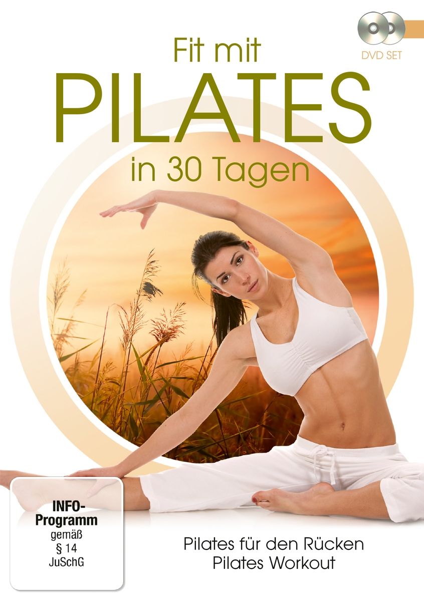 DVD-Set "Fit mit Pilates in 30 Tagen". Frau in Sportkleidung dehnt sich. Titel und Logos auf dem Cover.