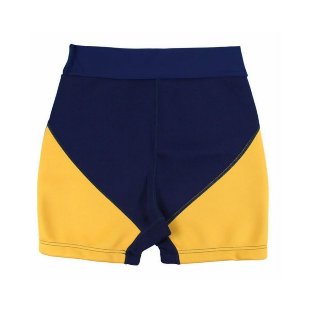 Badehose in Marineblau und Gelb. Kurze Hose mit breitem Bund und gelben Seiteneinsätzen. Kleines Logo.