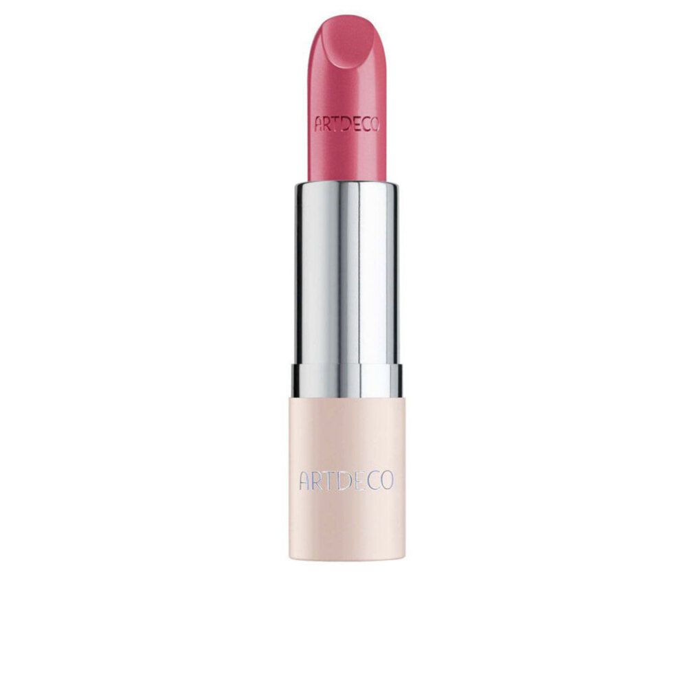 Artdeco Perfect Color Lippenstift. Rosa Lippenstift in silberner Hülse mit beigem Boden. Markenname sichtbar.