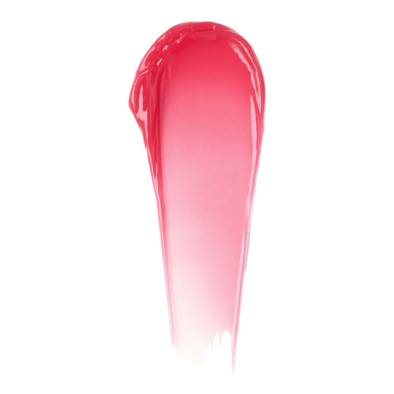 Ausgestrichene, glänzende, rote Lippenfarbe. Farbverlauf von intensiv nach transparent. Auf weißem Hintergrund.
