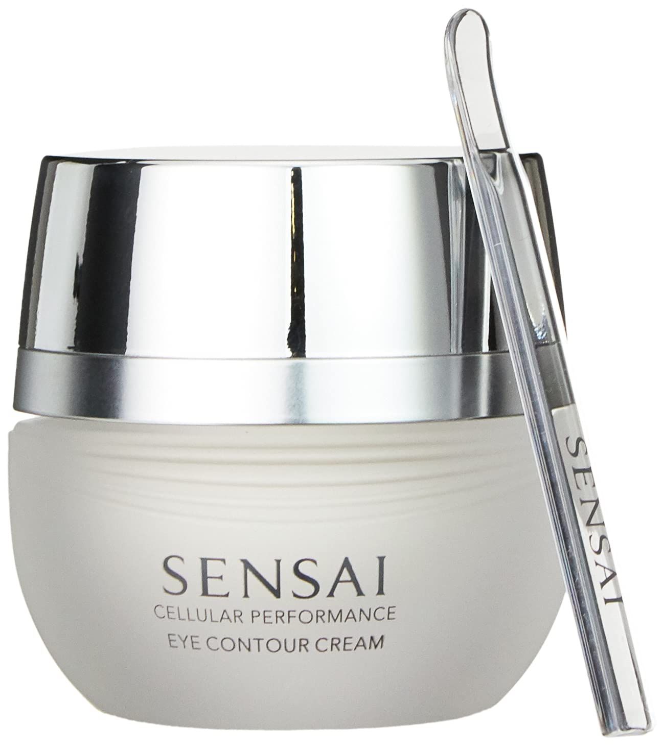 Cremebehälter mit silbernem Deckel und Applikator. Aufschrift: Sensai Cellular Performance Eye Contour Cream.