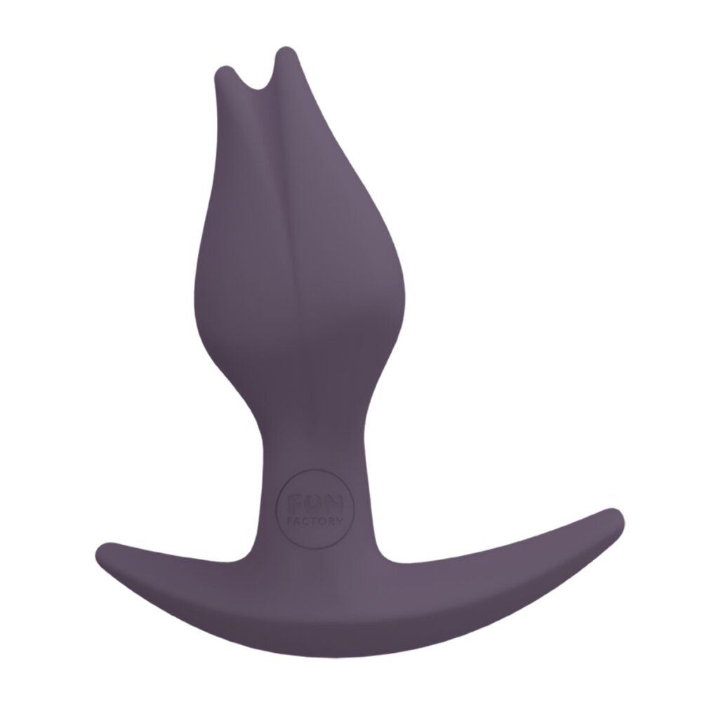 Dunkelvioletter Butt Plug mit tulpenförmigem Kopf und T-förmigem Griff. Marke: Fun Factory.