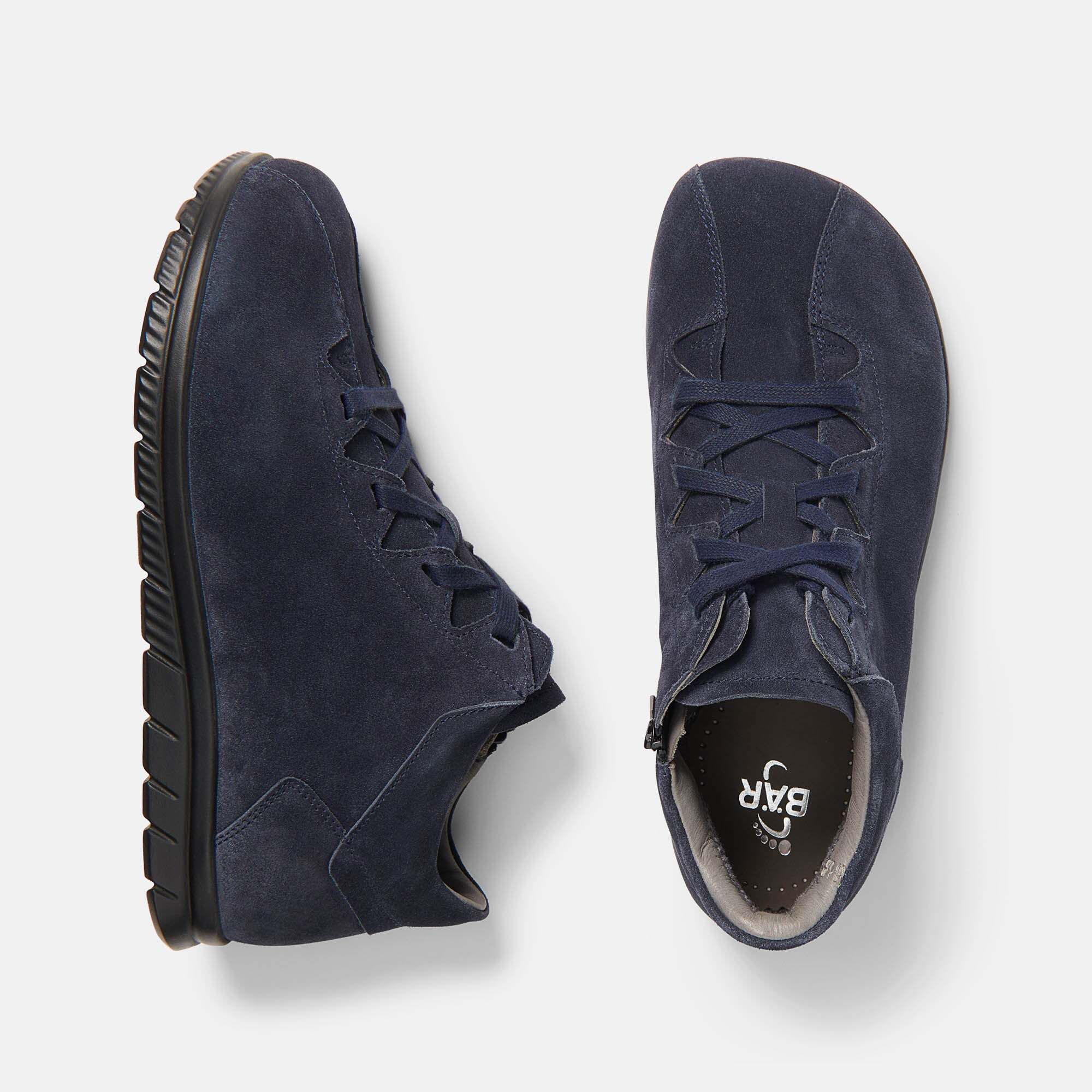 Dunkelblaue Damen-Stiefeletten aus Wildleder, Draufsicht und Seitenansicht.