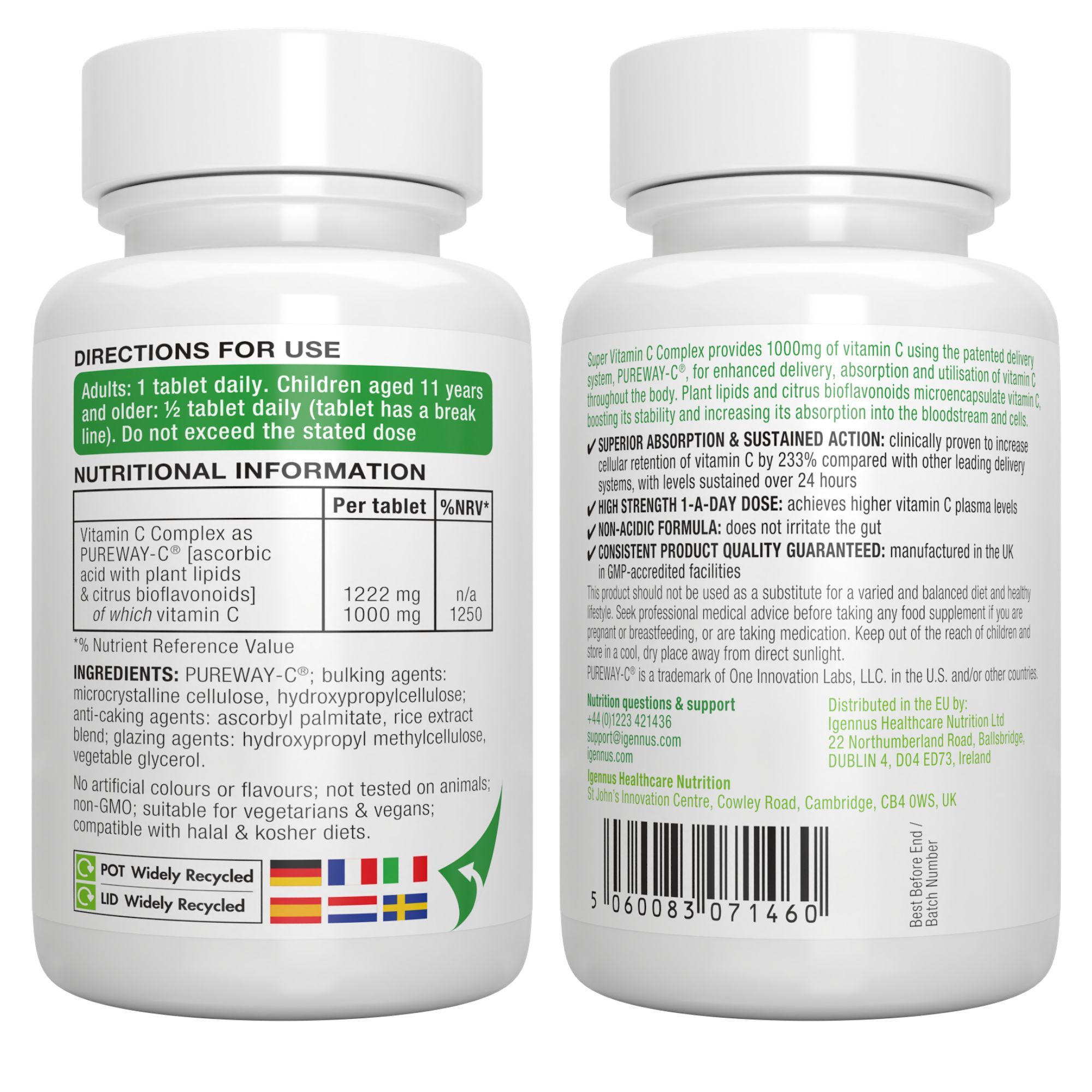 Flasche mit Vitamin C Tabletten, umgeben von Zitrusfrüchten und Papaya.