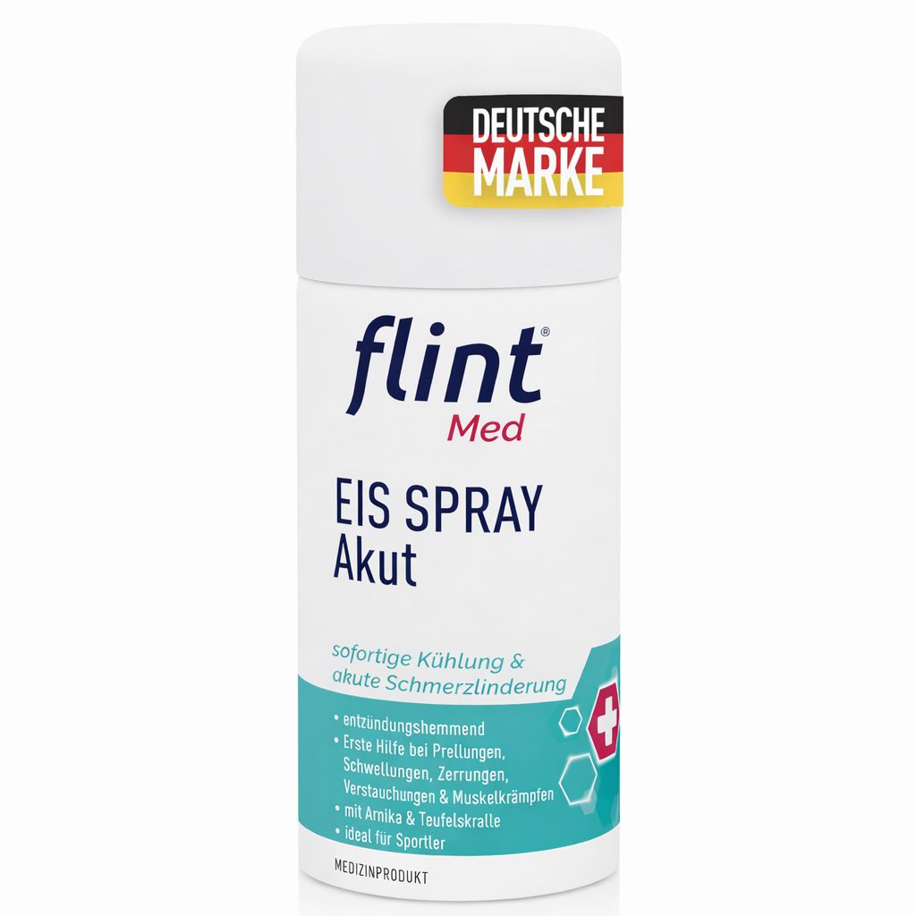 Weißes Spray: flint Med Eis Spray Akut. Text: Sofortige Kühlung & akute Schmerzlinderung, entzündungshemmend, Erste Hilfe bei Prellungen, etc. Deutsche Marke.