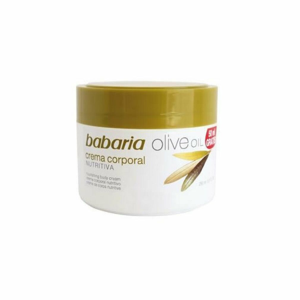 Weißer Tiegel mit grünem Deckel. Aufschrift: Babaria, Creme Corporal Nutritiva, Olive Oil. Mit Aufkleber: 50 ml Gratis.