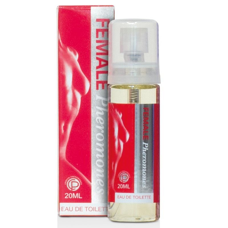 Flakon und Schachtel. Aufschrift: FEMALE Pheromones, 20ml, Eau de Toilette. Rote und silberne Verpackung mit Frauenfigur.