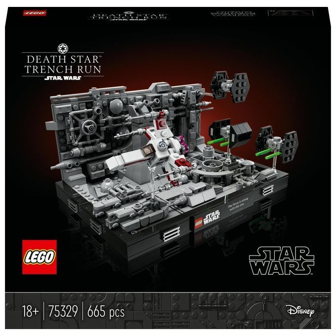 Diorama LEGO Star Wars "Death Star Trench Run". Il set raffigura la scena della trincea della Morte Nera. Include un modello X-Wing, caccia TIE e la superficie della Morte Nera. La confezione mostra il logo LEGO, il titolo, l'età 18+ e il numero di pezzi: 665.