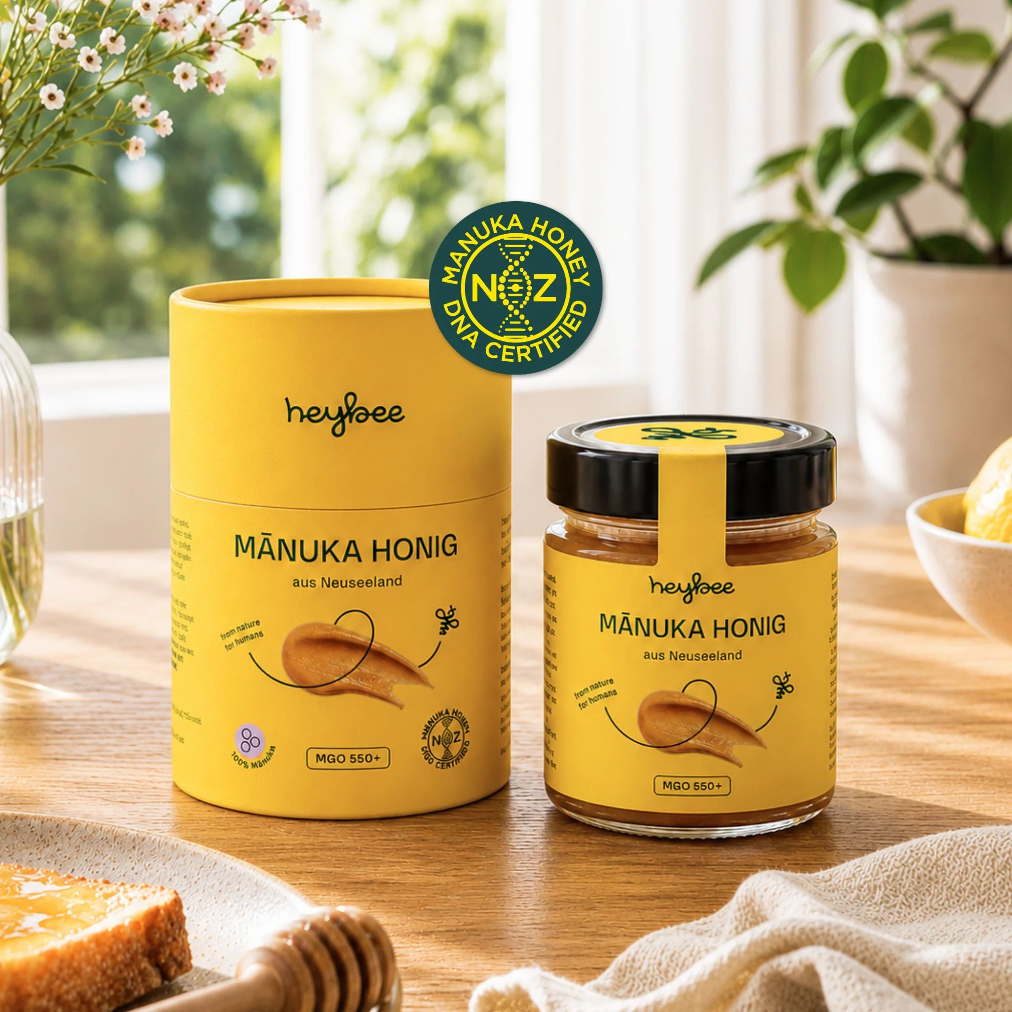 Manuka Honig Glas und Röhrenverpackung, NZ DNA Certified Siegel.