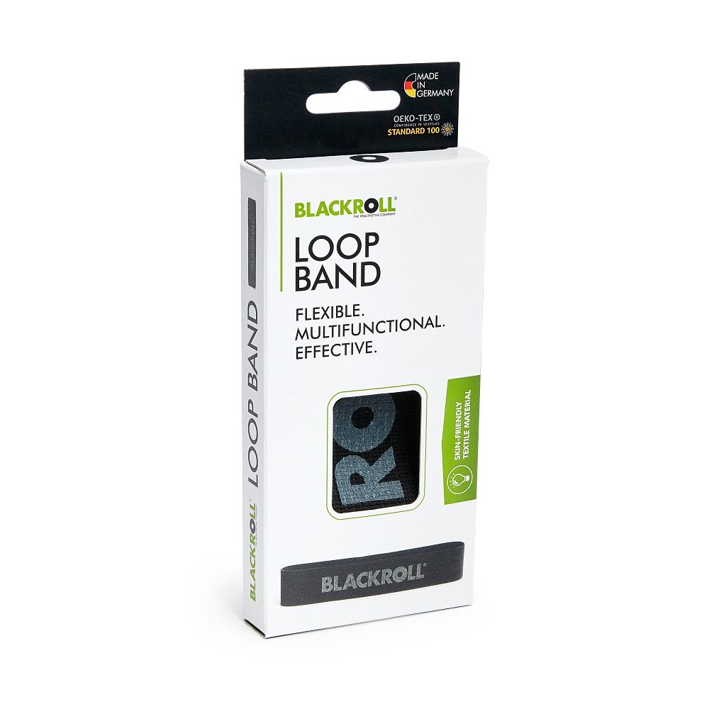 Verpackung der BLACKROLL Loop Band. Weißer Karton mit Produktname und Logo. Oben ein Aufhänger.