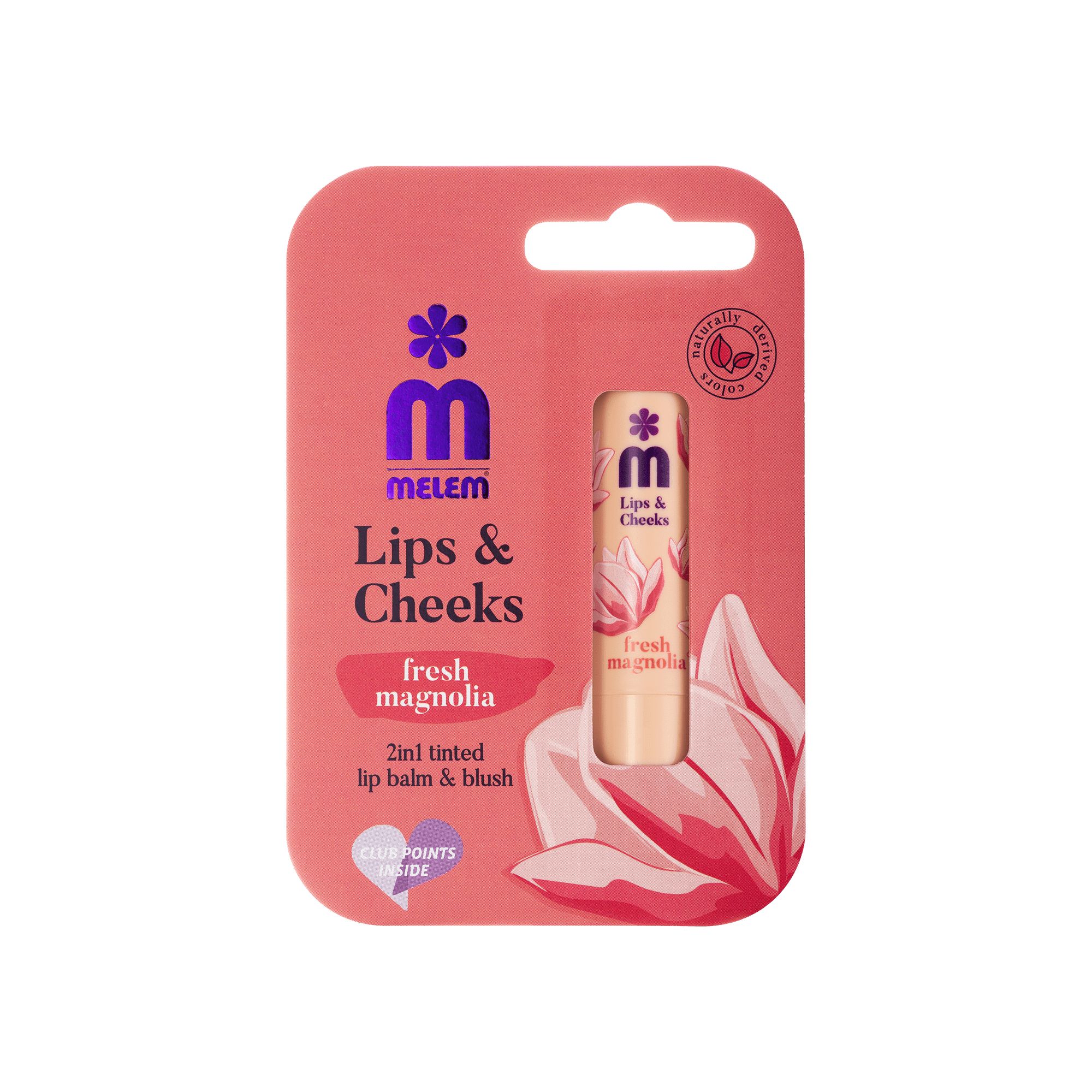 Verpackung mit Lippen- und Wangenbalsam. Rosa Karte mit Produkt und Magnolia-Blüte. Text: Melem, Lips & Cheeks, fresh magnolia.