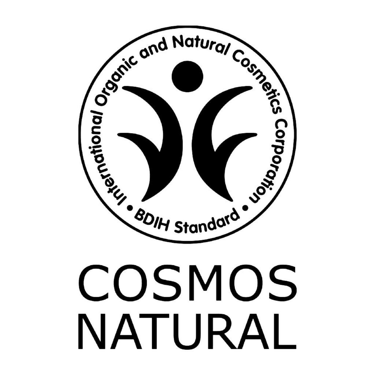 Rundes Logo mit dem Text COSMOS NATURAL. Das Logo zeigt eine stilisierte Figur mit ausgebreiteten Armen. Der Text umrandet das Logo.