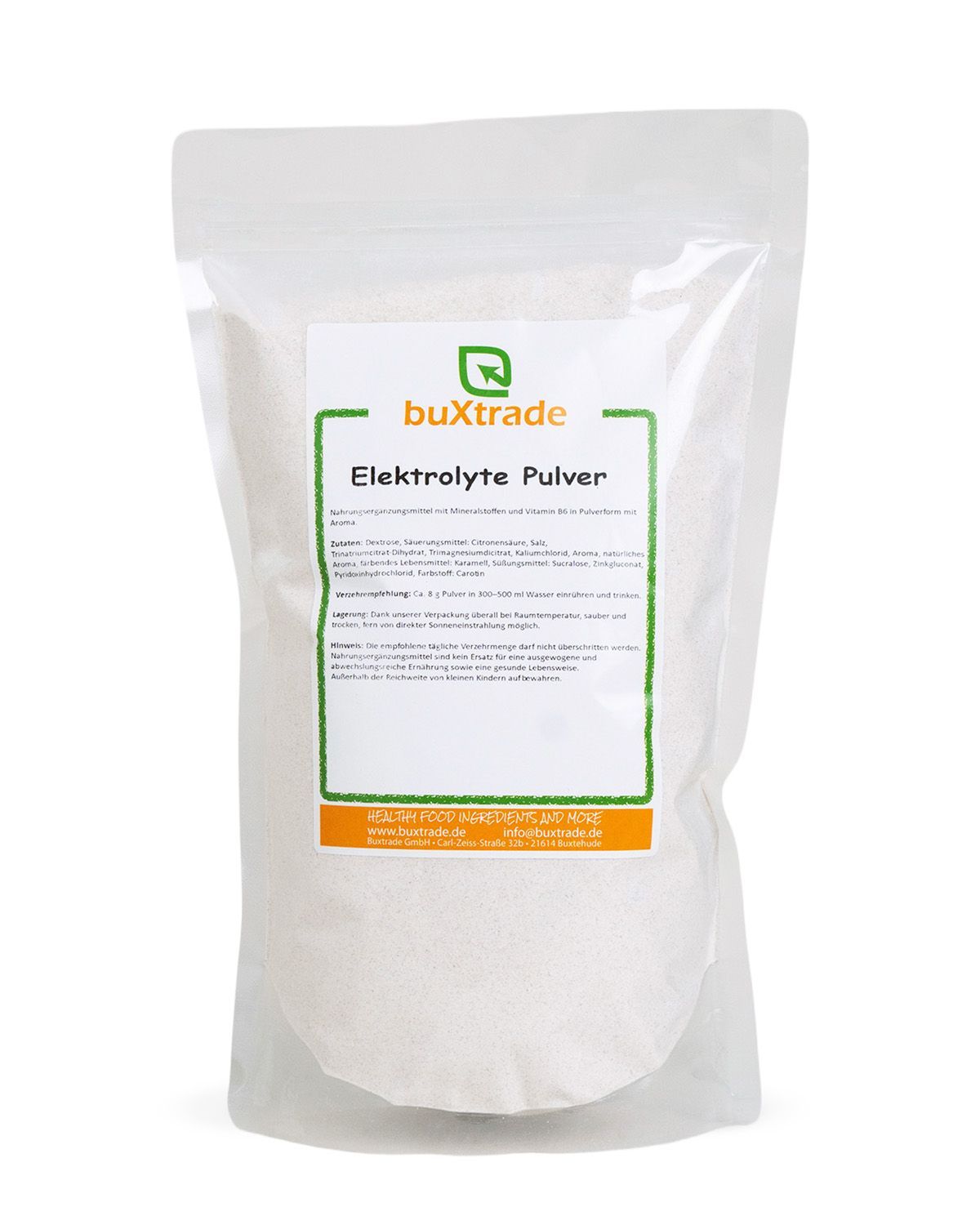 Ein Beutel buXtrade Elektrolyte Pulver mit Etikett.