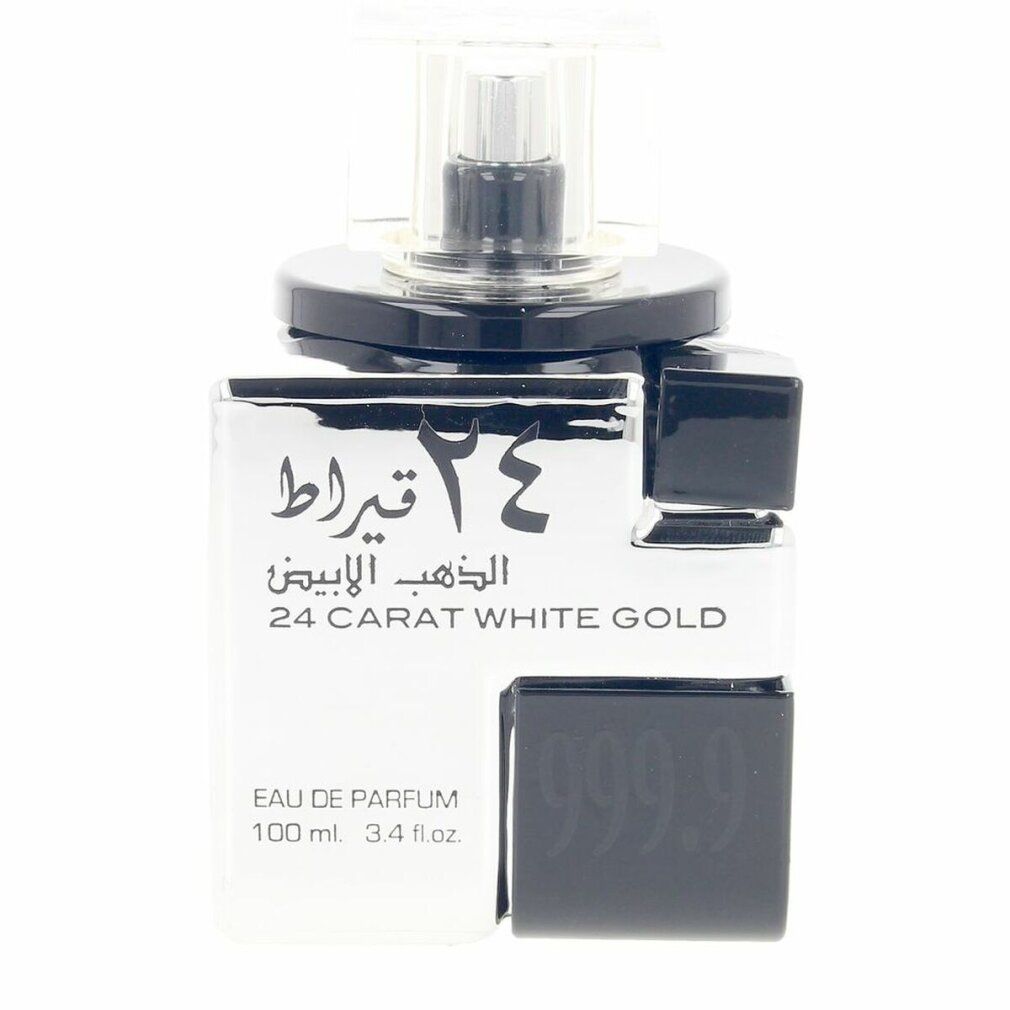 Parfümflasche mit schwarzem Deckel und weißem Etikett. Aufschrift: 24 Karat, Weißgold. Eau de Parfum. 100 ml.