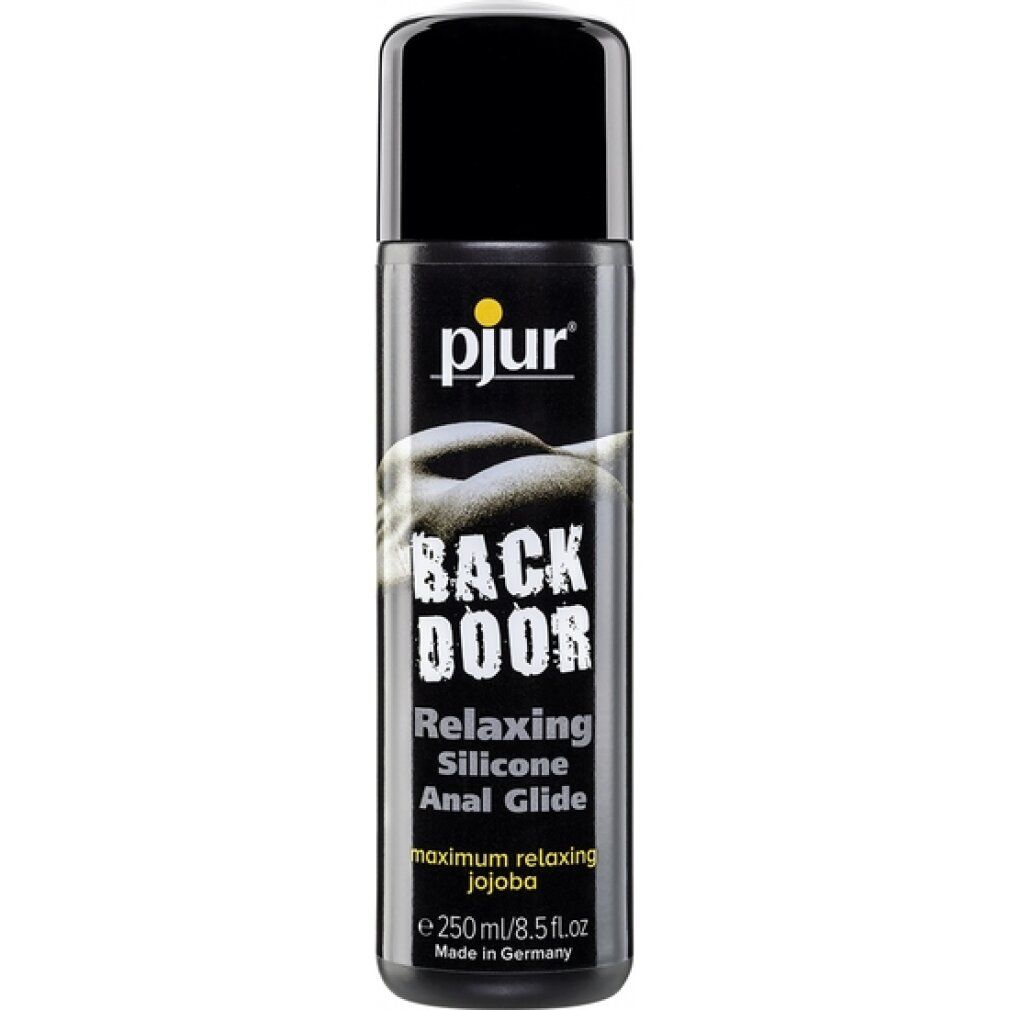 Schwarze Flasche mit schwarzem Deckel. Aufschrift: pjur, BACK DOOR, Relaxing Silicone Anal Glide. Mit Jojoba. Hergestellt in Deutschland.