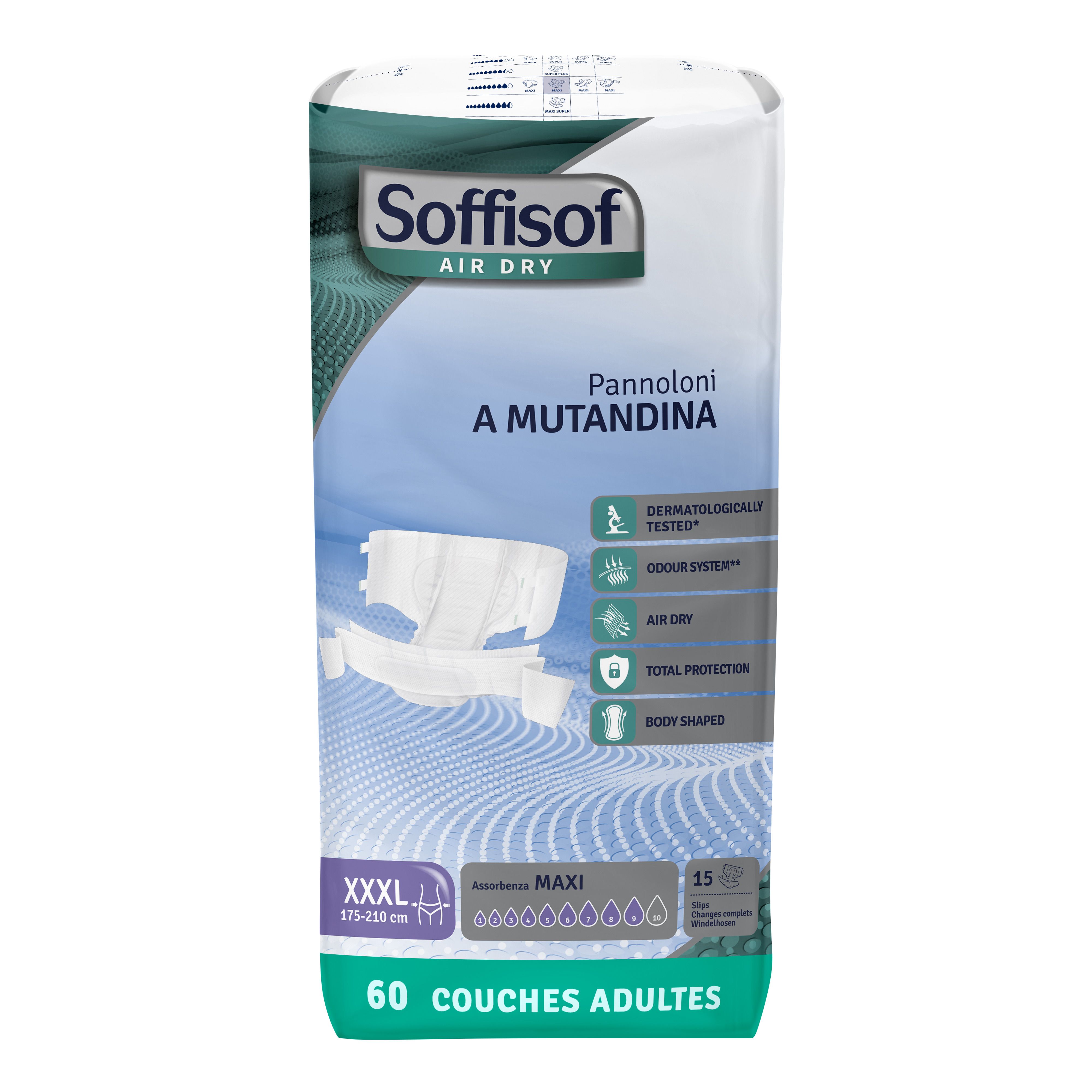 Soffisof Air Dry Maxi couches adultes. Paquet de 60. Taille XXXL, 175-210 cm. Testé dermatologiquement.