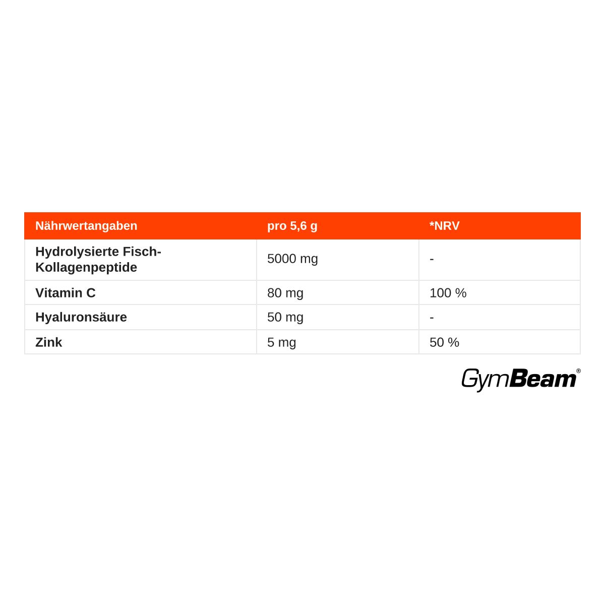Nährwertangaben für hydrolysierte Fisch-Kollagenpeptide, Vitamin C, Hyaluronsäure und Zink. GymBeam Logo.