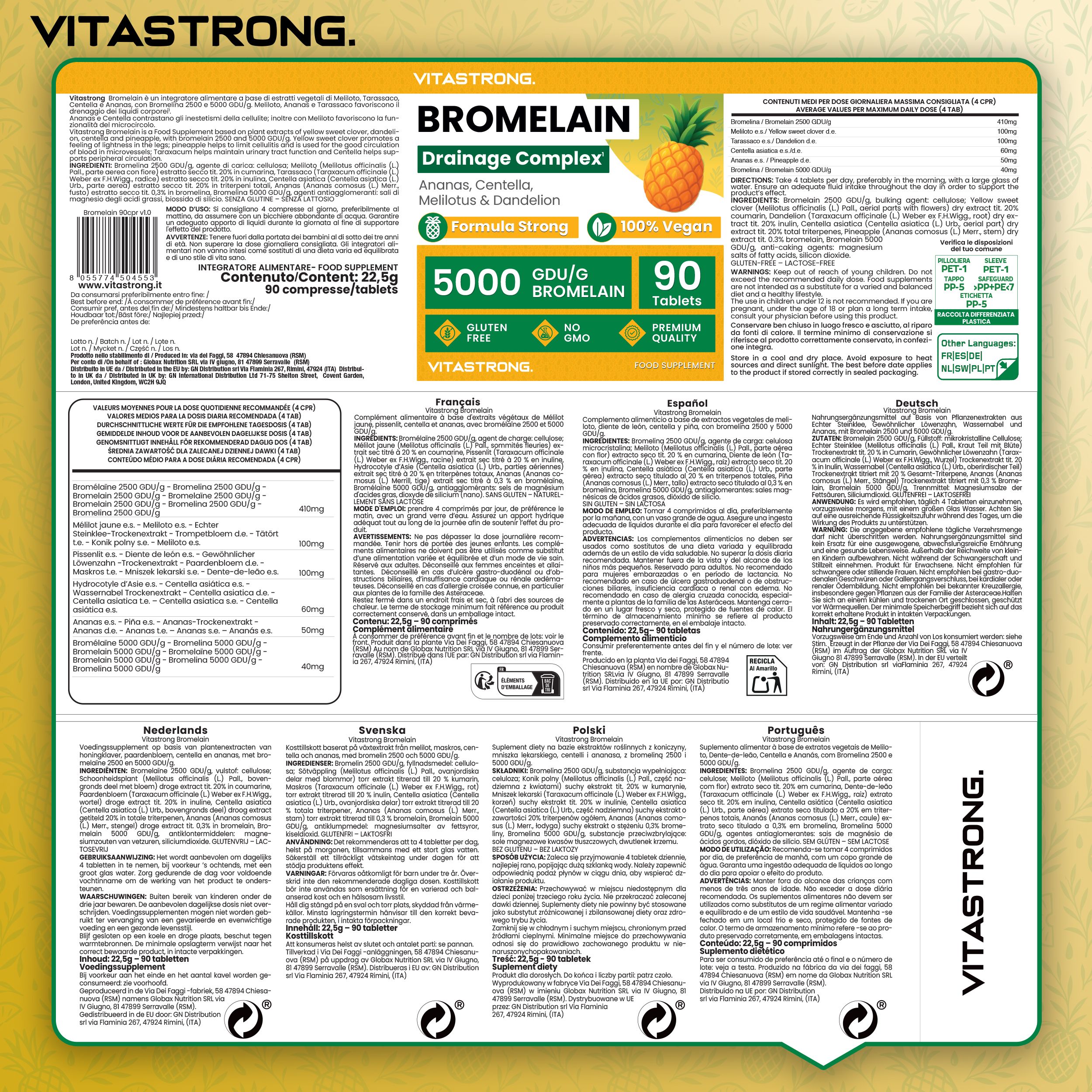 Vitastrong Bromelain Drainage Complex: 5000 GDU/g Bromelain, 90 Tabletten. Glutenfrei, ohne Gentechnik, Premium-Qualität.