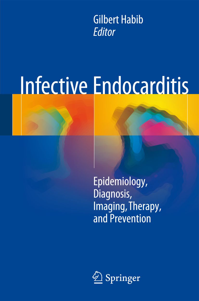 Buchcover: "Infective Endocarditis". Titel, Autor Gilbert Habib, Verlag Springer. Blaue Grundfarbe mit abstraktem Design.