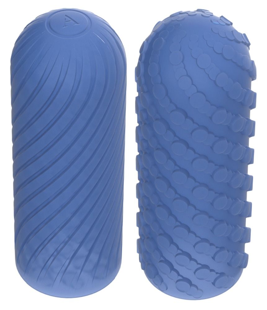 Zwei blaue Massage-Rollen aus Gummi mit unterschiedlichen Oberflächenstrukturen.