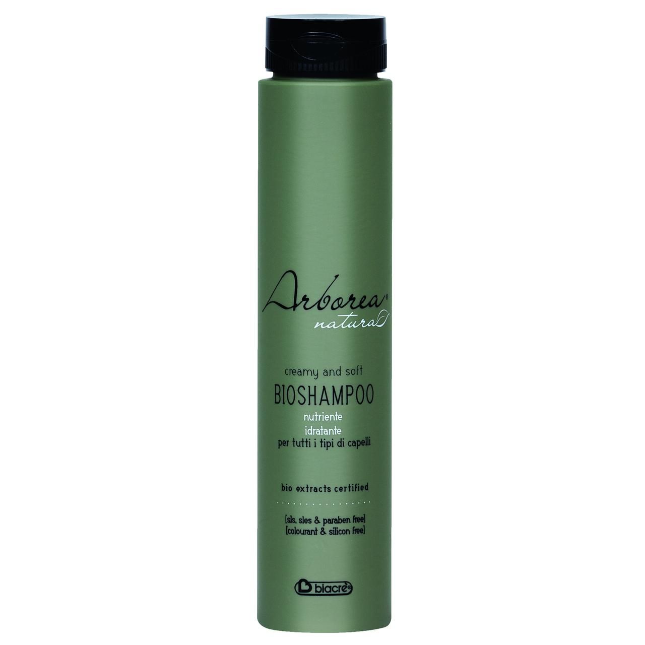 Grüne Shampoo-Flasche mit schwarzem Deckel. Aufschrift: Arborea natural, BIOSHAMPOO, bio extracts certified. Biacre-Logo.