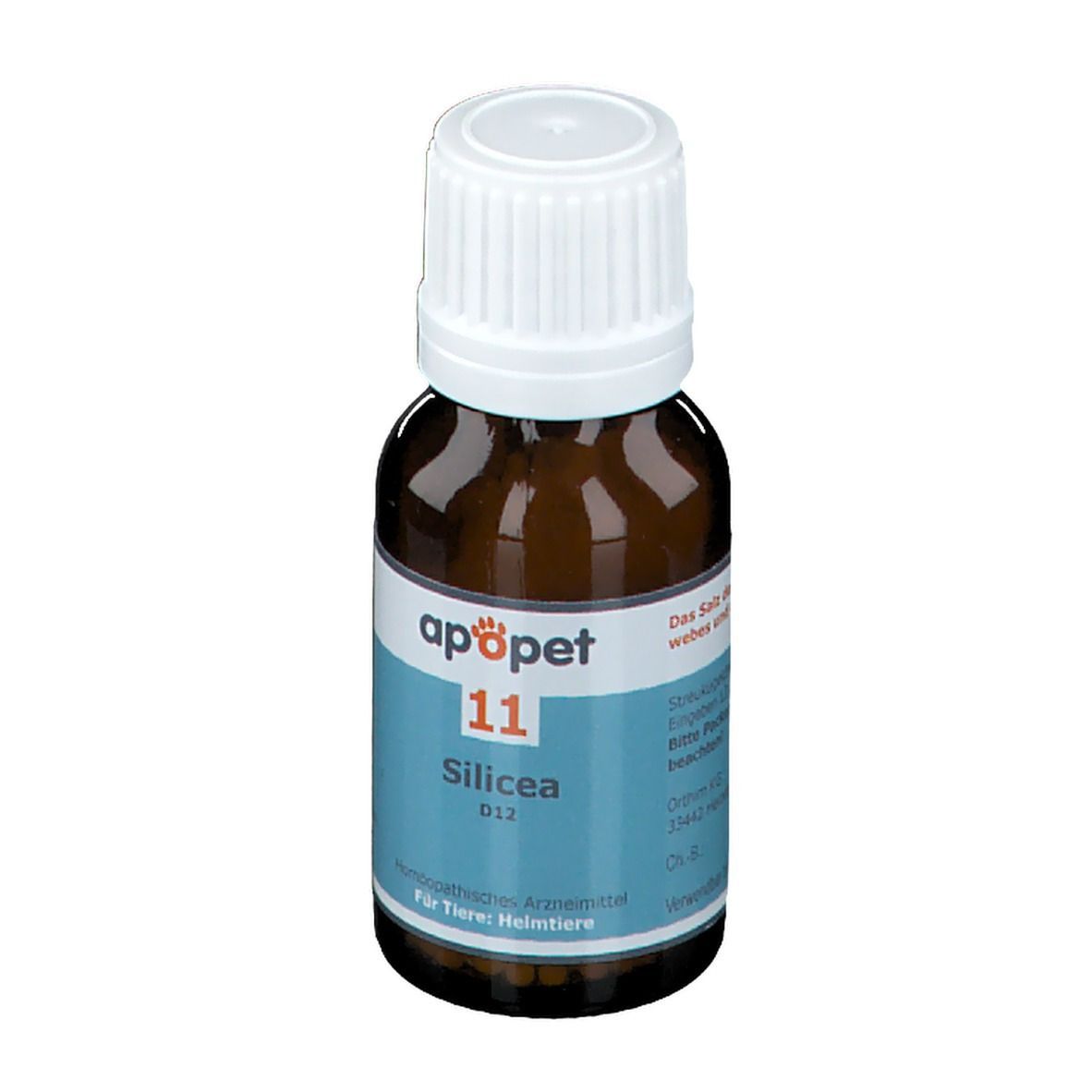 Braune Glasflasche mit weißem Deckel. Etikett mit "apopet 11 Silicea D12". Für Tiere.