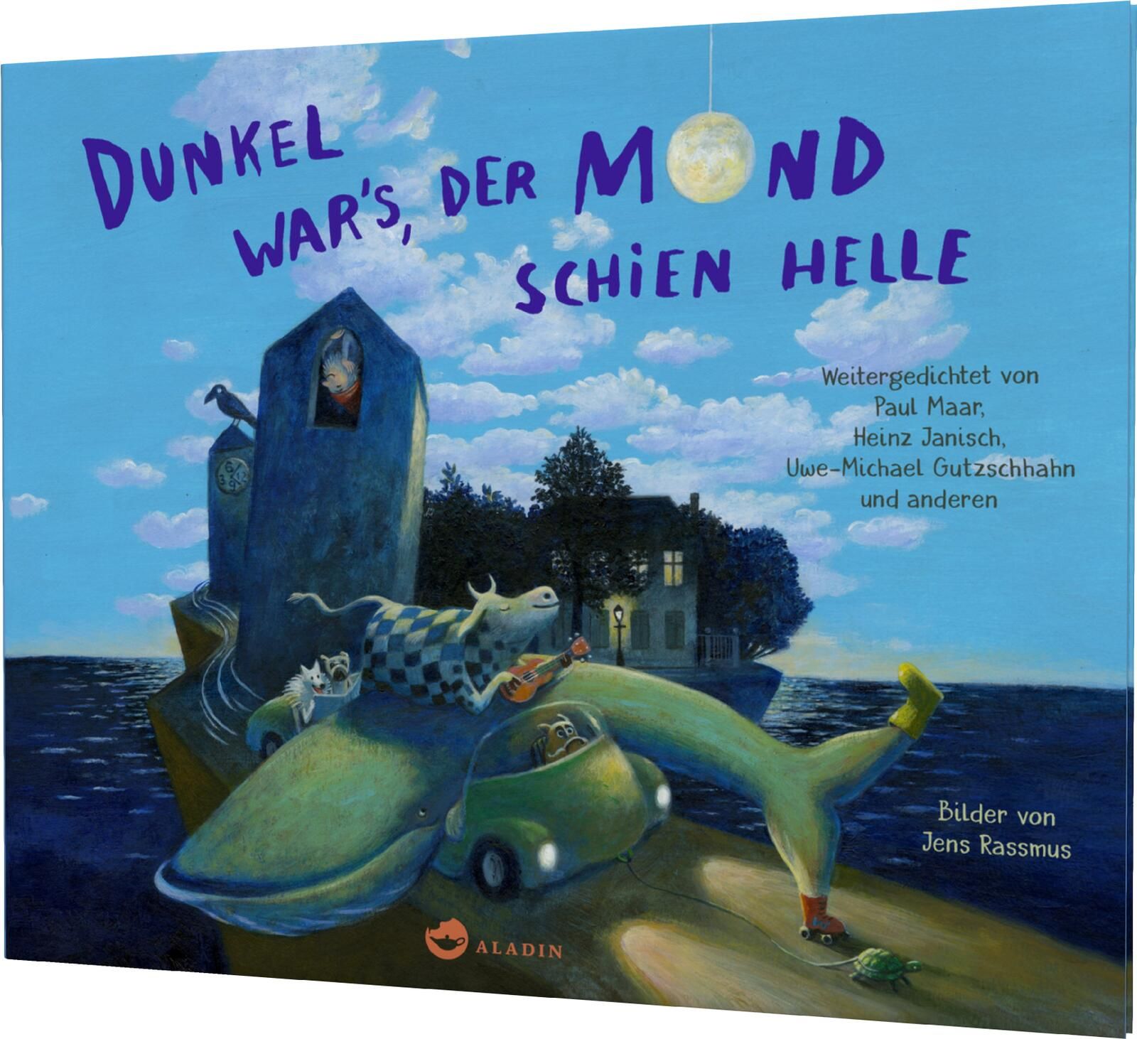 Buchcover "Dunkel war's, der Mond schien helle". Titel in Lila. Illustration: Haus, Mond, Tiere, Auto, Meer. Verlag Aladin.