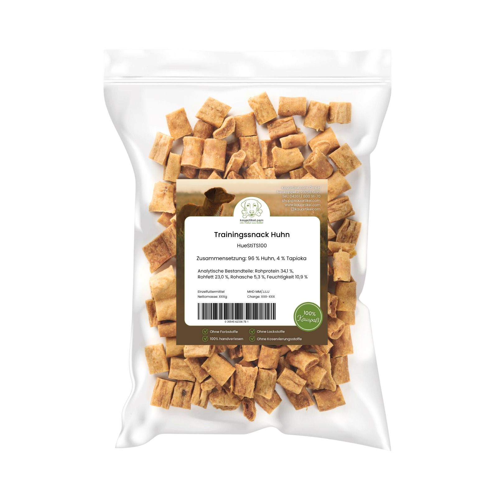 Hundefutter-Leckerlis: Huhn, in einem wiederverschließbaren Beutel. 100% natürlich.