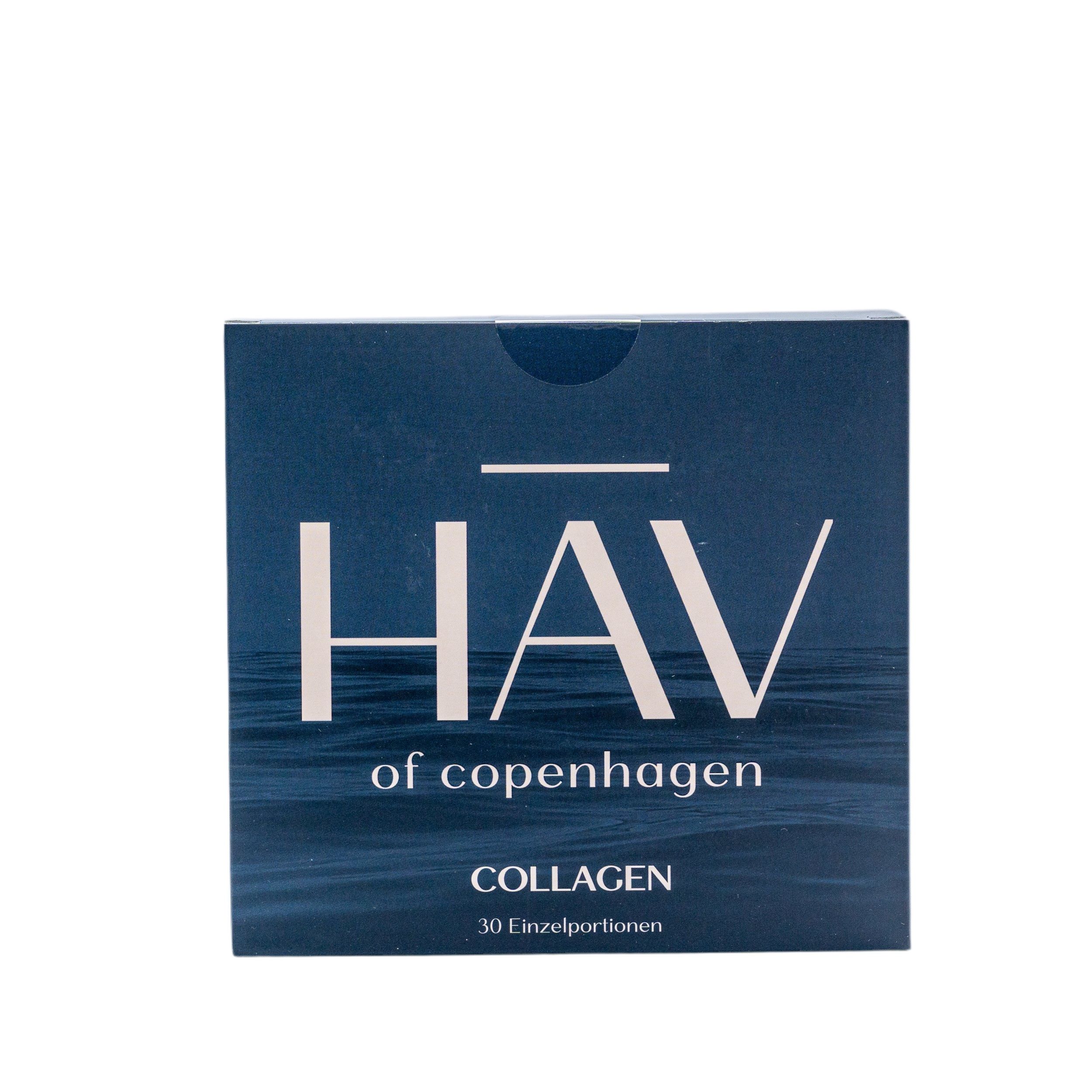 Dunkelblaue Schachtel mit weißem HAV-Logo und Schriftzug "Collagen 30 Einzelportionen".