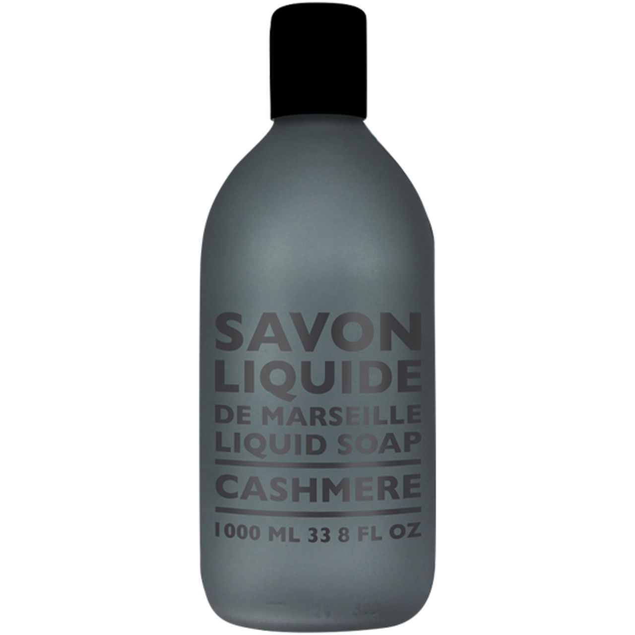 Graue Flasche mit schwarzem Deckel. Aufschrift: Savon Liquide de Marseille, Cashmere. Volumen: 1000 ml.