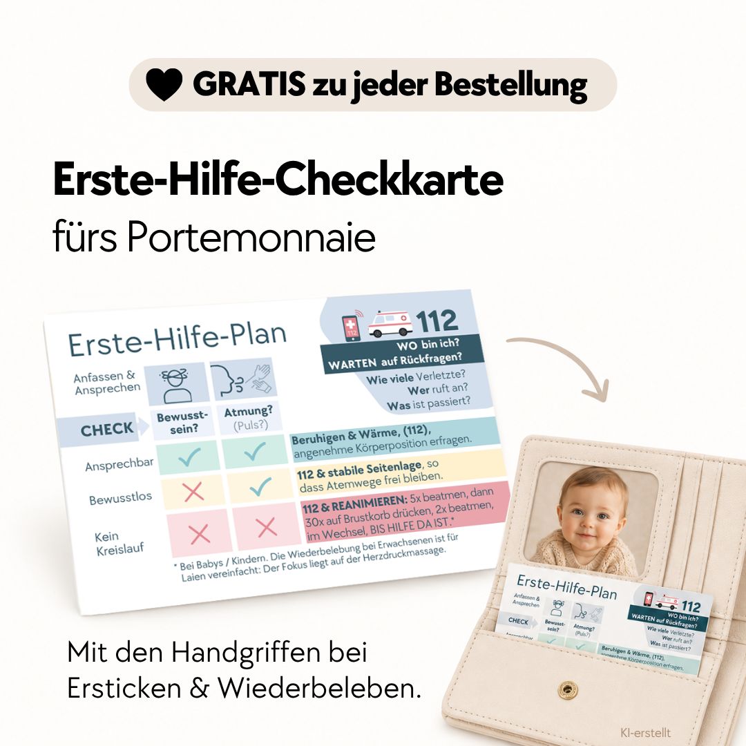 Erste-Hilfe-Karte 'Erste Hilfe Plan' in einer Brieftasche, neben einer Karte.