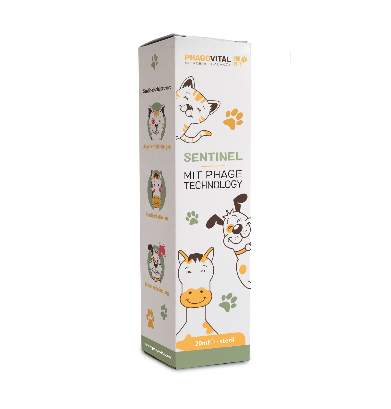 Produktverpackung. Aufschrift: Sentinel, MIT PHAGE TECHNOLOGY, 20ml - steril. Illustrationen von Tieren. Grün-weiße Verpackung.